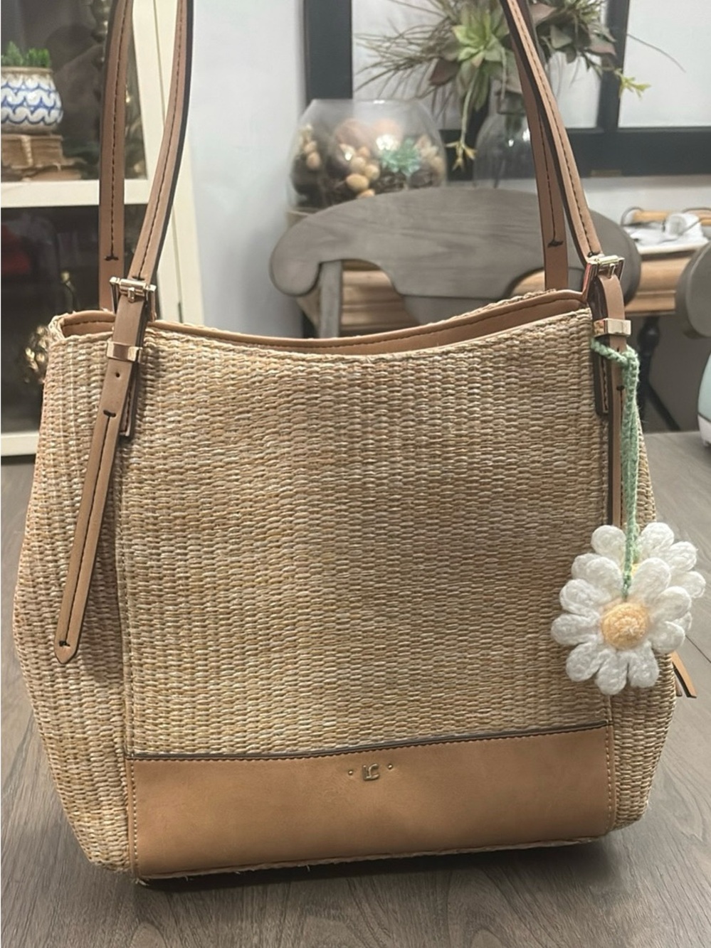 Liz Claiborne Natural Woven Shoulder Bag with Tan Trim & crochet bag charm